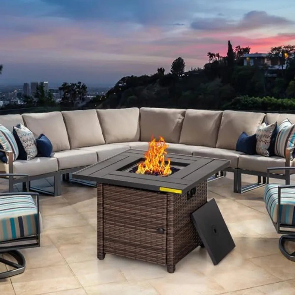 Green Party 32 Inch Gas Fire Pit Table 50,000 BTU Square Outdoor Propane Rattan Fire Pit Table Fireplace for Patio Garden Outdoo