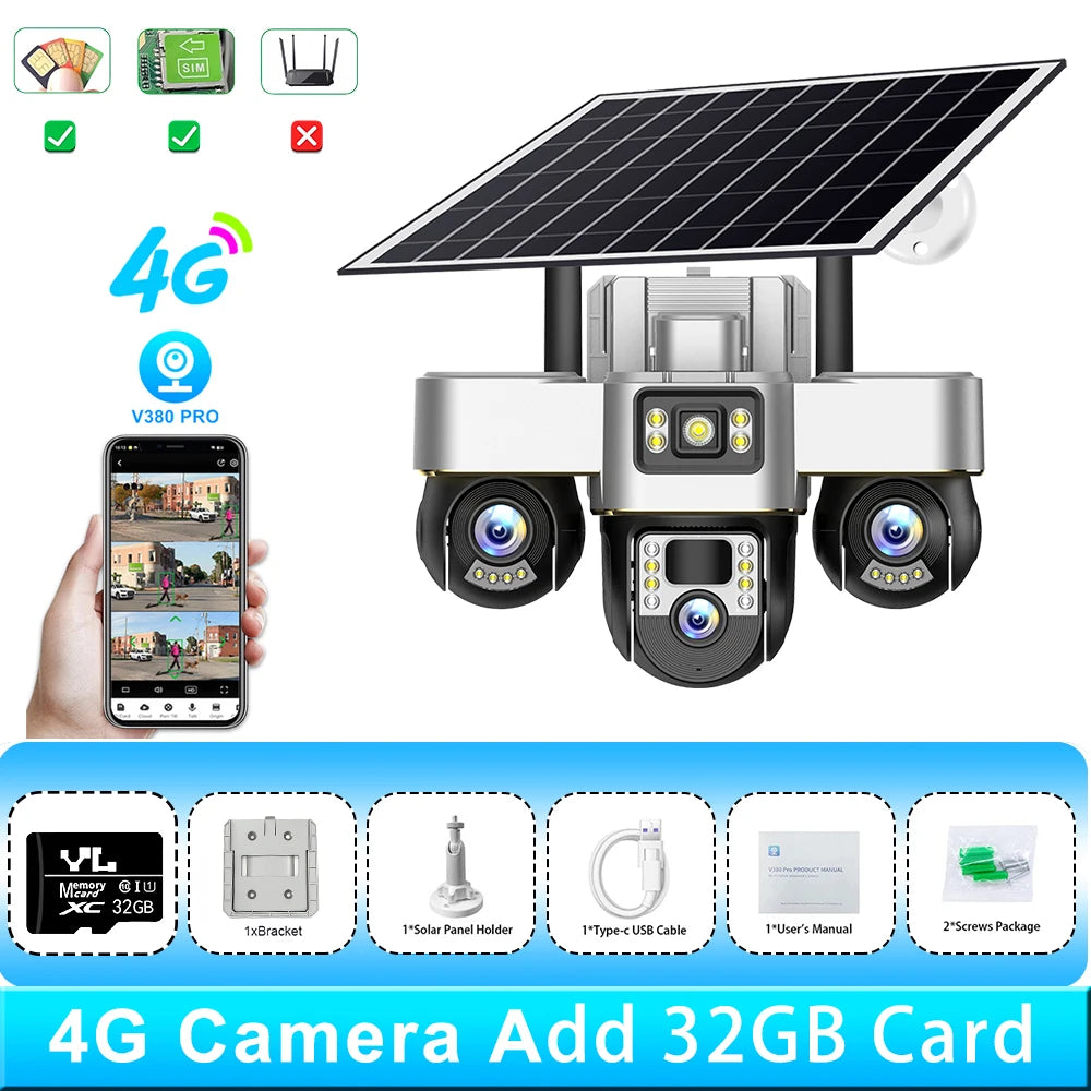 Triple Lens Solar IP 4G Camera 15MP Three Screen 3Motorized PTZ Camera Solar Panel Color Night Vision Human Tracking Outdoo CCTV