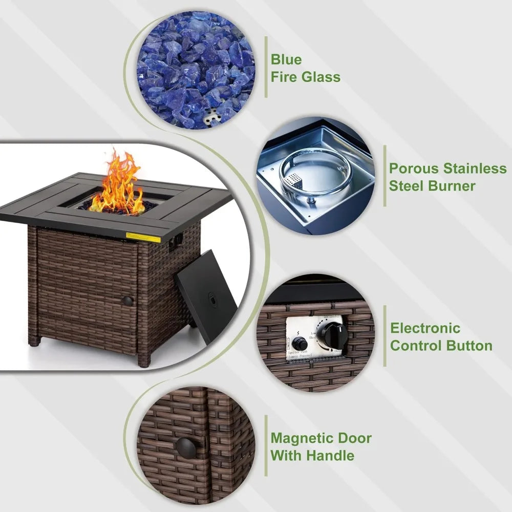 Green Party 32 Inch Gas Fire Pit Table 50,000 BTU Square Outdoor Propane Rattan Fire Pit Table Fireplace for Patio Garden Outdoo