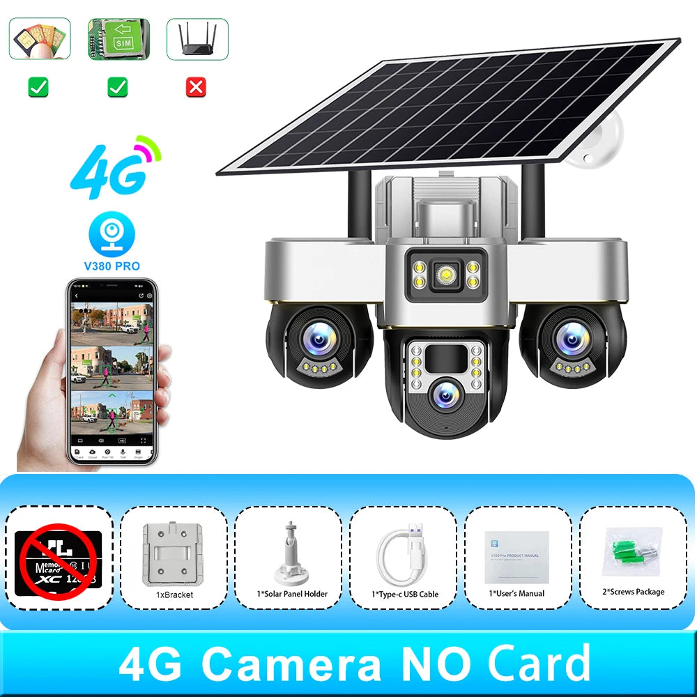 Triple Lens Solar IP 4G Camera 15MP Three Screen 3Motorized PTZ Camera Solar Panel Color Night Vision Human Tracking Outdoo CCTV