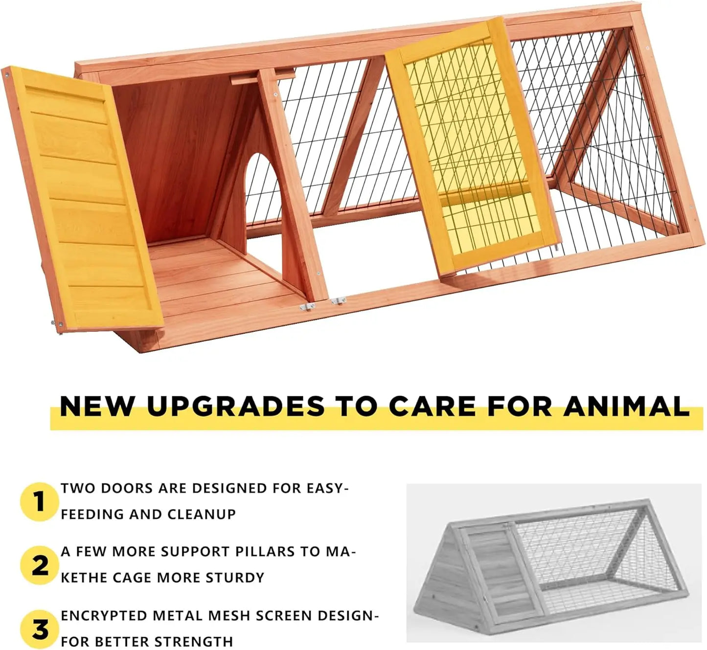 Rabbit Hutch Small Chicken Coop Outdoo Wooden with 2 Door & Run Cage Push-Pull Tray Ventilating Wire A-Frame Design Animal