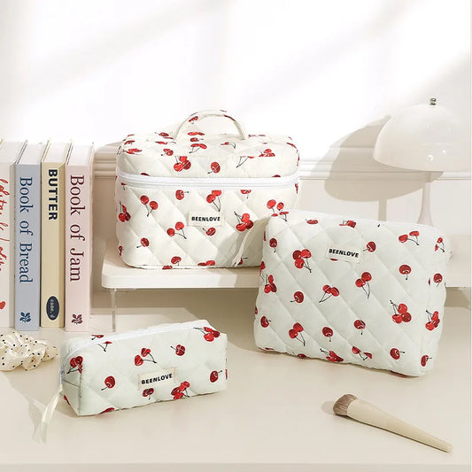 Cute Cherry Printed Cosmetic Bag Quilted Cotton Organiser Women's Zipper Flower Cotton Travel Wash Bag Portable Toiletry Bag