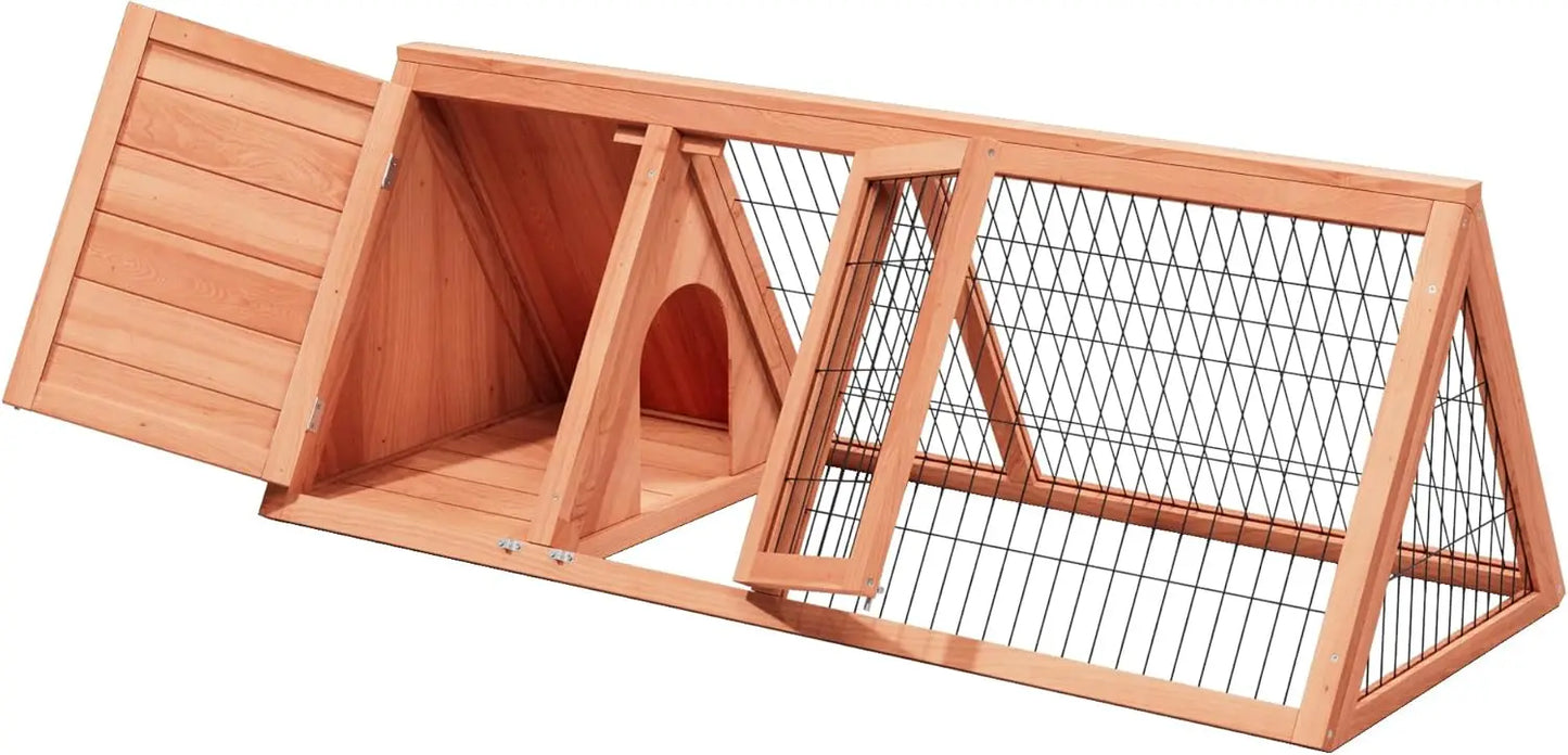 Rabbit Hutch Small Chicken Coop Outdoo Wooden with 2 Door & Run Cage Push-Pull Tray Ventilating Wire A-Frame Design Animal