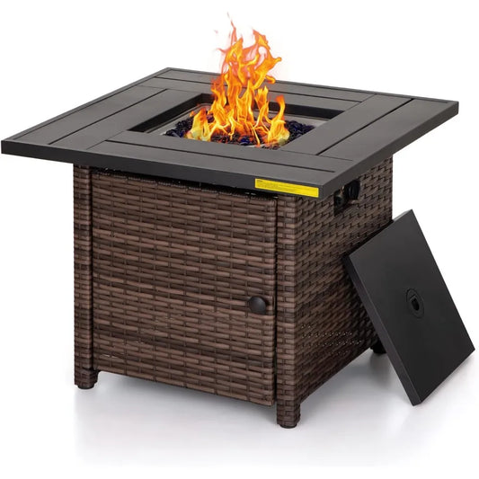 Green Party 32 Inch Gas Fire Pit Table 50,000 BTU Square Outdoor Propane Rattan Fire Pit Table Fireplace for Patio Garden Outdoo
