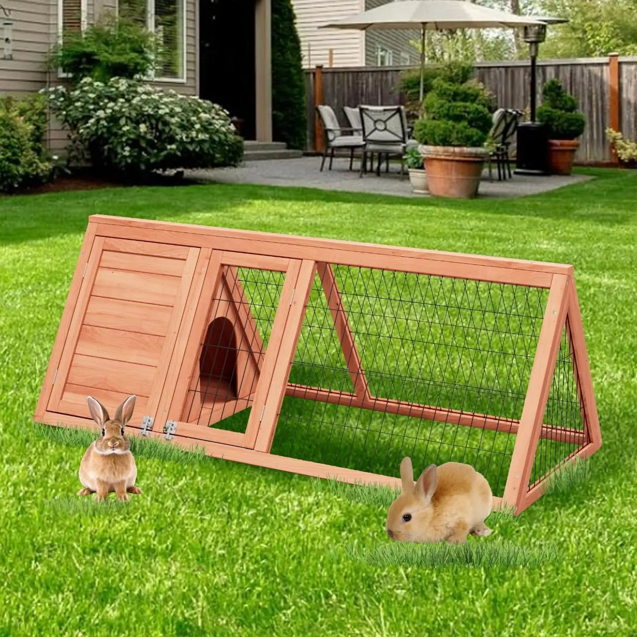 Rabbit Hutch Small Chicken Coop Outdoo Wooden with 2 Door & Run Cage Push-Pull Tray Ventilating Wire A-Frame Design Animal