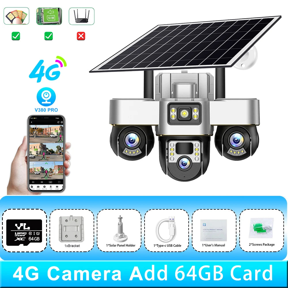 Triple Lens Solar IP 4G Camera 15MP Three Screen 3Motorized PTZ Camera Solar Panel Color Night Vision Human Tracking Outdoo CCTV