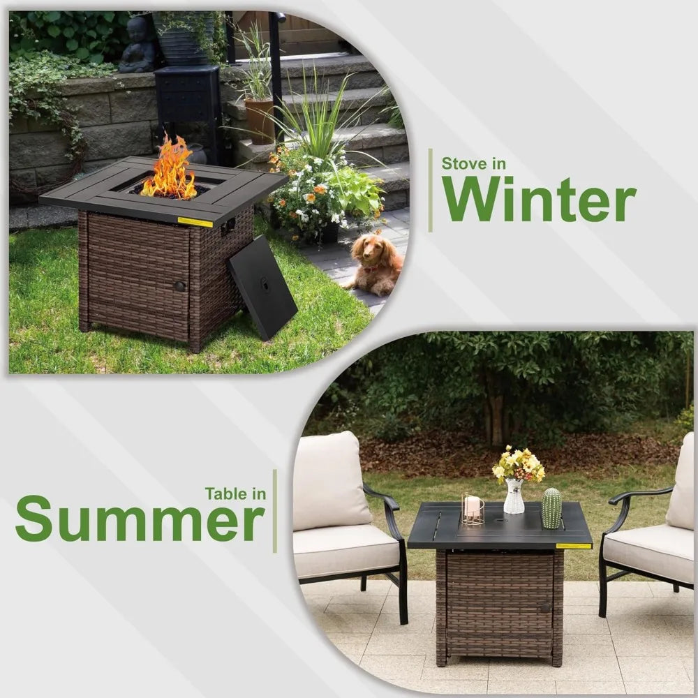 Green Party 32 Inch Gas Fire Pit Table 50,000 BTU Square Outdoor Propane Rattan Fire Pit Table Fireplace for Patio Garden Outdoo