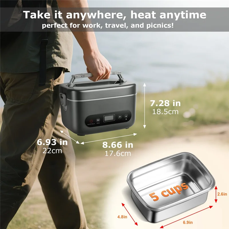 B59B-Food Warmer With 5-Sided Heating-1.2L Cordless Electric Lunch Box, 20000Mah Rechargeable Portable Design For Office& Outdoo