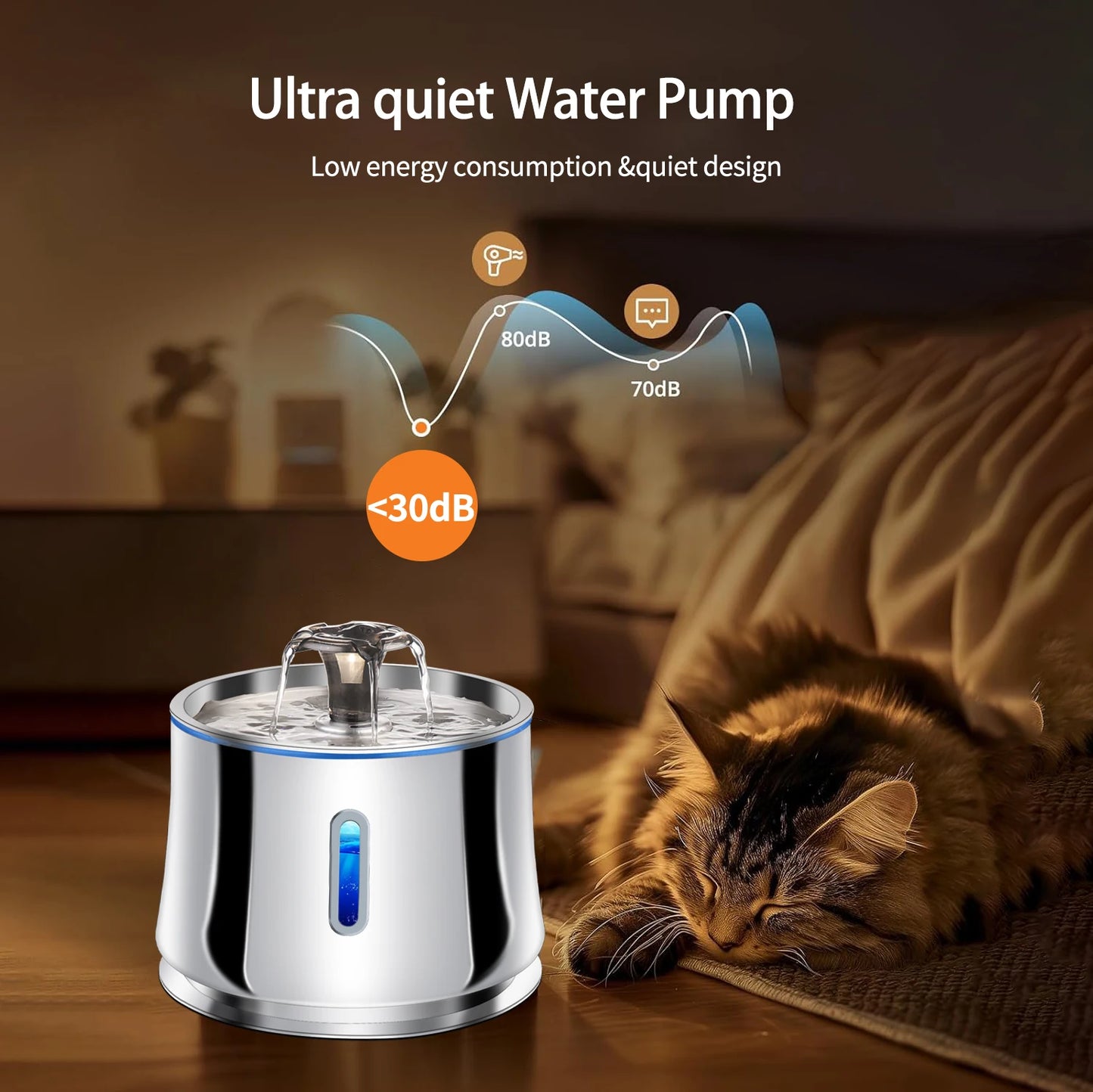 2.5L Cat Drinking Fountain Automatic Stainless Steel Pet Cats Water Dispenser Ultra-quiet Pump Drink Foutain For Multiple Pets