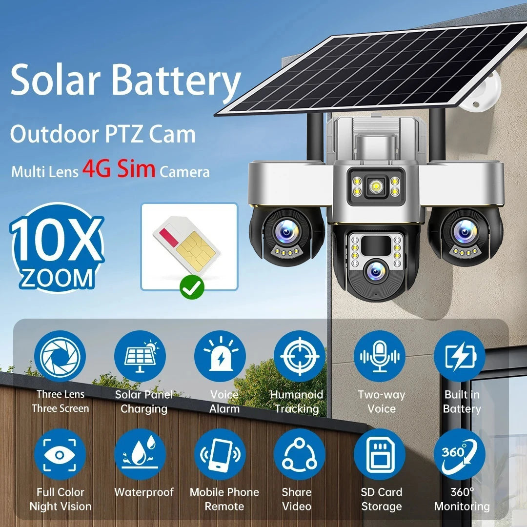 Triple Lens Solar IP 4G Camera 15MP Three Screen 3Motorized PTZ Camera Solar Panel Color Night Vision Human Tracking Outdoo CCTV