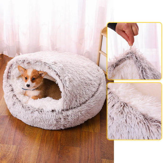 Winter Pet Bed Long Plush Round Cat Cushion House 2 In 1 Warm Basket Sleep Bag Nest Kennel Faux Fur Cuddler For Small Dog Cat