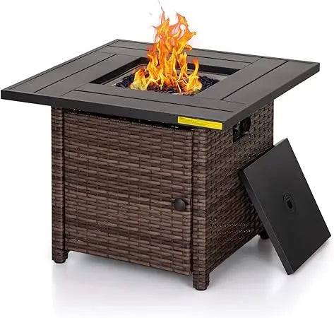 Green Party 32 Inch Gas Fire Pit Table 50,000 BTU Square Outdoor Propane Rattan Fire Pit Table Fireplace for Patio Garden Outdoo