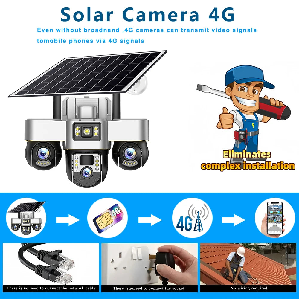 Triple Lens Solar IP 4G Camera 15MP Three Screen 3Motorized PTZ Camera Solar Panel Color Night Vision Human Tracking Outdoo CCTV