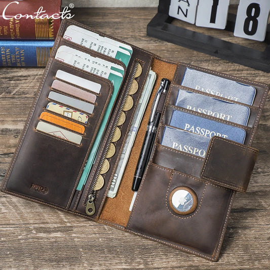 CONTACT'S Genuine Leather Family Passport Clutch Wallets RFID Card Holder AirTag Slot Passport Cover Families Travel Bag Handbag