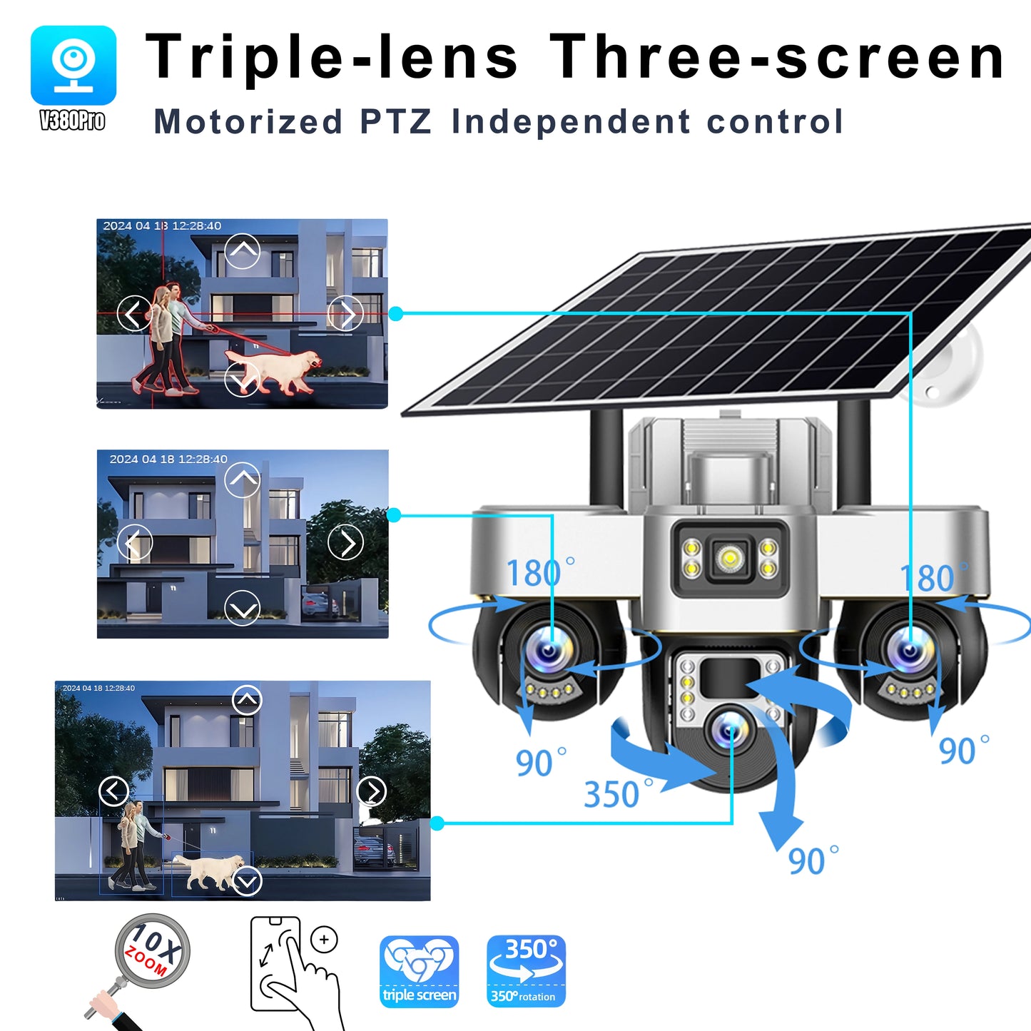Triple Lens Solar IP 4G Camera 15MP Three Screen 3Motorized PTZ Camera Solar Panel Color Night Vision Human Tracking Outdoo CCTV
