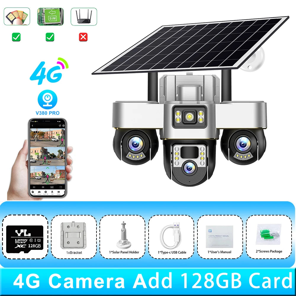 Triple Lens Solar IP 4G Camera 15MP Three Screen 3Motorized PTZ Camera Solar Panel Color Night Vision Human Tracking Outdoo CCTV