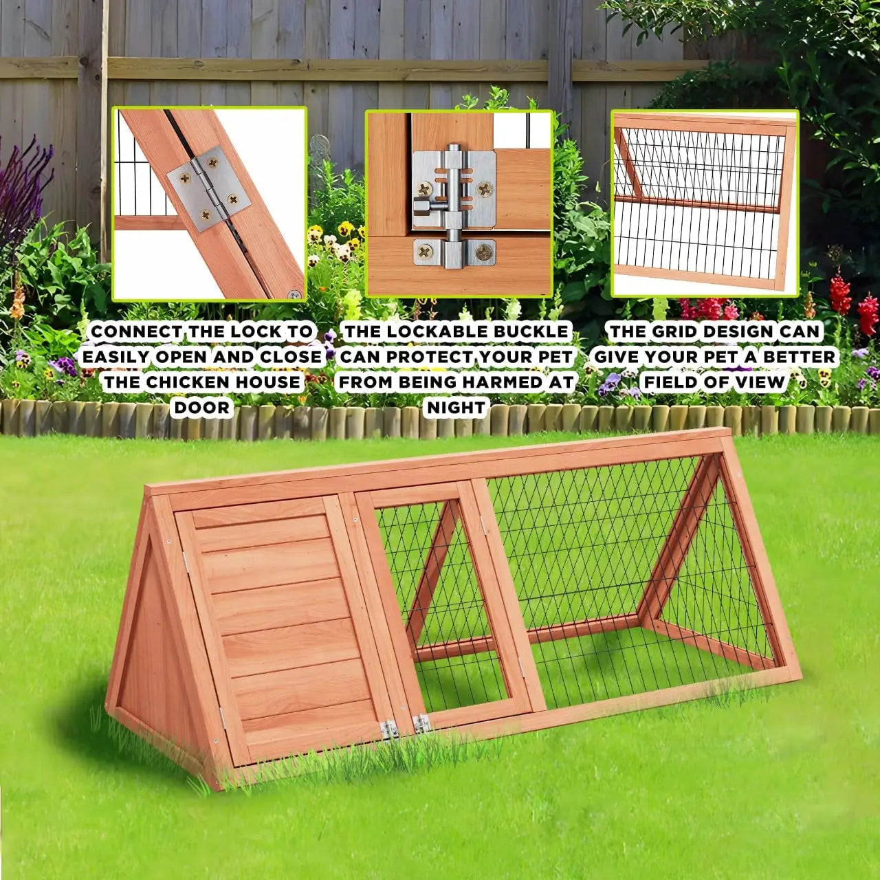 Rabbit Hutch Small Chicken Coop Outdoo Wooden with 2 Door & Run Cage Push-Pull Tray Ventilating Wire A-Frame Design Animal