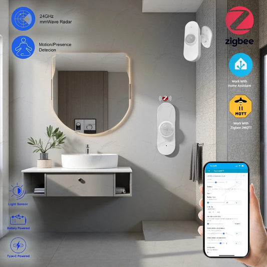 24G Zigbee MmWave Human Presence Motion Sensor With Luminance/Temperature Humidity Detection Home Assistant Automation For 2MQTT
