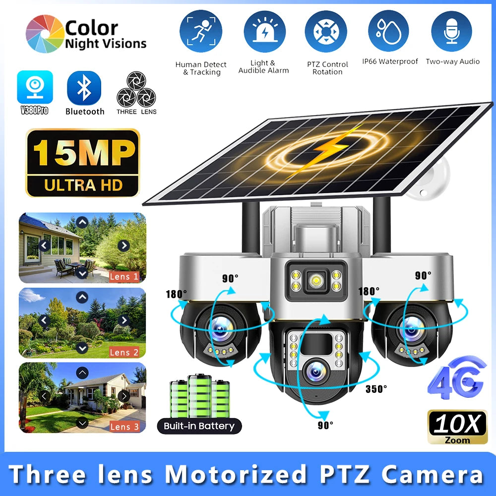 Triple Lens Solar IP 4G Camera 15MP Three Screen 3Motorized PTZ Camera Solar Panel Color Night Vision Human Tracking Outdoo CCTV